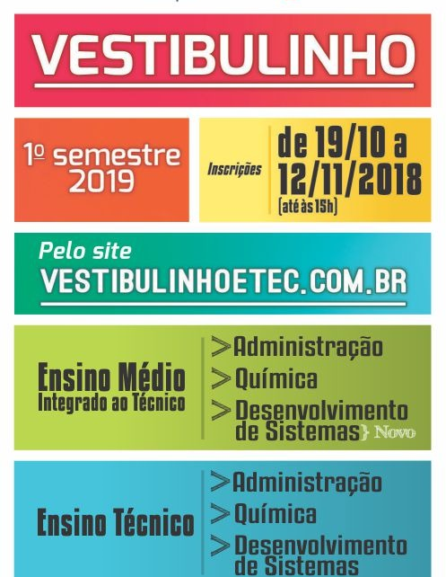 ETEC DIVULGA RELAÇÃO DE CURSOS PARA VESTIBULINHO 1° SEM/2019