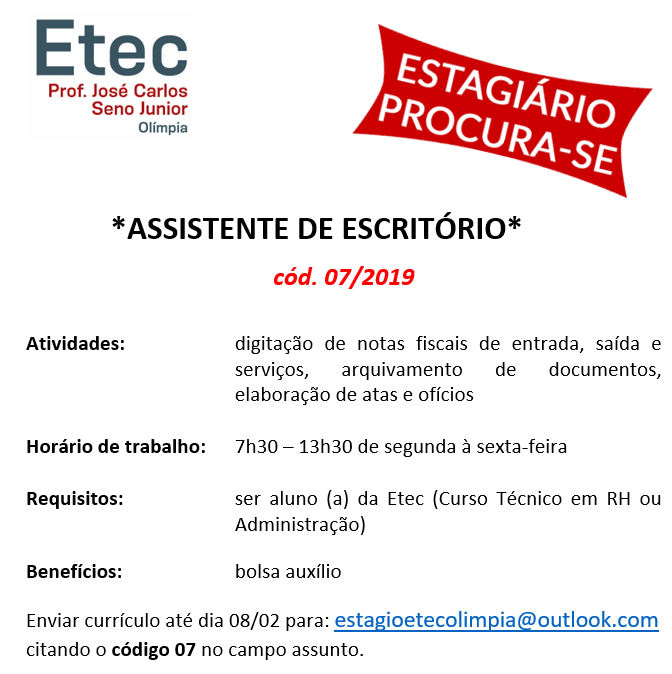 EDITAL VAGAS REMANESCENTES: INSCRIÇÕES DE 30/03 A 14/04/22 PARA INGRESSAR  NO 2º ANO (Período Integral) – Etec Prof. José Carlos Seno Júnior