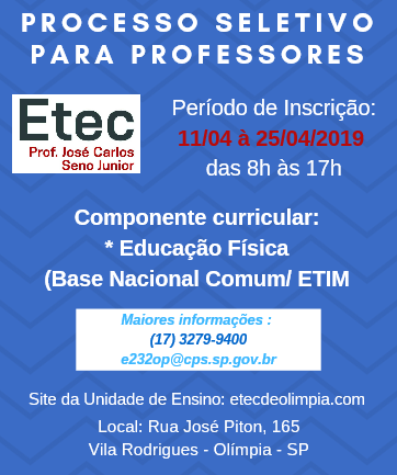 EDITAL VAGAS REMANESCENTES: INSCRIÇÕES DE 30/03 A 14/04/22 PARA INGRESSAR  NO 2º ANO (Período Integral) – Etec Prof. José Carlos Seno Júnior