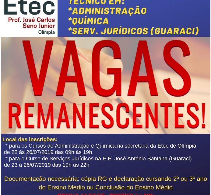 VAGAS REMANESCENTES – 1º M-TEC ADMINISTRAÇÃO – Etec Prof. José Carlos Seno  Júnior