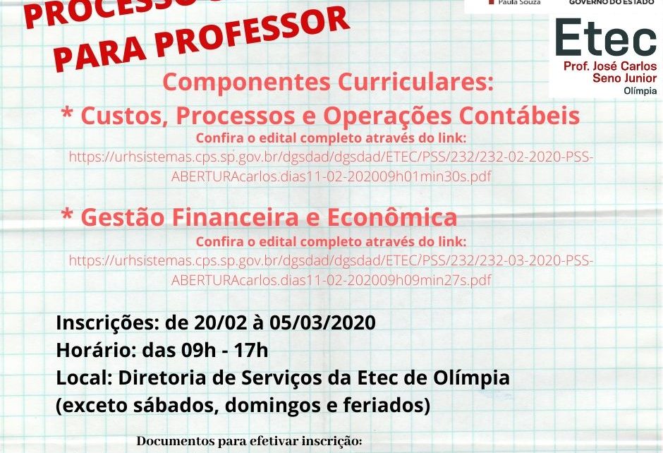 EDITAL VAGAS REMANESCENTES: INSCRIÇÕES DE 30/03 A 14/04/22 PARA INGRESSAR  NO 2º ANO (Período Integral) – Etec Prof. José Carlos Seno Júnior