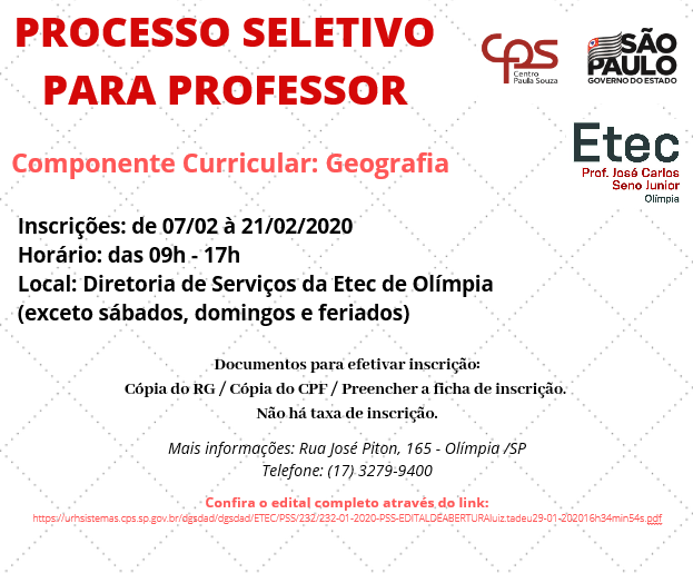 EDITAL VAGAS REMANESCENTES: INSCRIÇÕES DE 30/03 A 14/04/22 PARA INGRESSAR  NO 2º ANO (Período Integral) – Etec Prof. José Carlos Seno Júnior