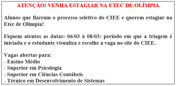 EDITAL VAGAS REMANESCENTES: INSCRIÇÕES DE 30/03 A 14/04/22 PARA INGRESSAR  NO 2º ANO (Período Integral) – Etec Prof. José Carlos Seno Júnior