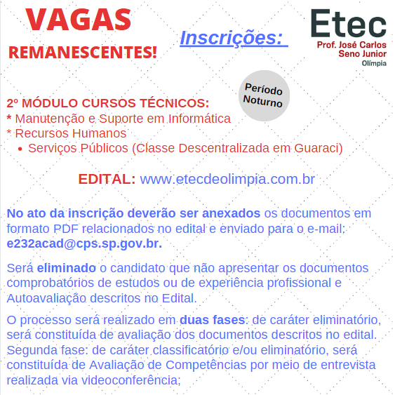 Vagas Remanescentes - 1º/2023 - Etec de Taboão da Serra