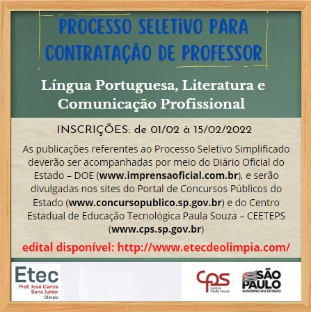 EDITAL VAGAS REMANESCENTES: INSCRIÇÕES DE 30/03 A 14/04/22 PARA INGRESSAR  NO 2º ANO (Período Integral) – Etec Prof. José Carlos Seno Júnior