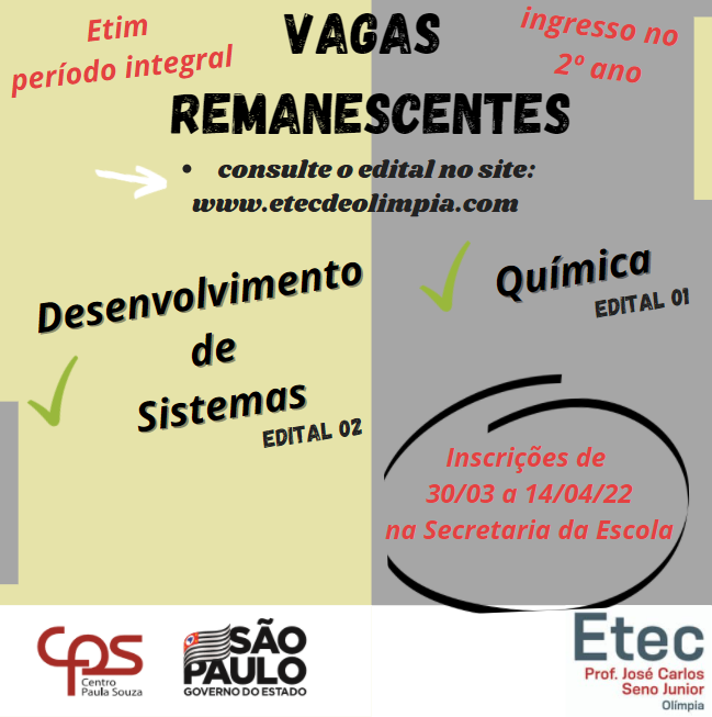 ETEC DIVULGA RELAÇÃO DE CURSOS PARA VESTIBULINHO 1° SEM/2019