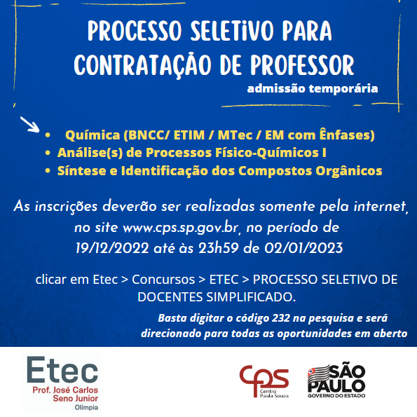 INSCRIÇÕES PARA VAGAS REMANESCENTE 1º MÓDULO DO 2º SEMESTRE DE 2023 –  NOTURNO – Etec Prof. José Carlos Seno Júnior