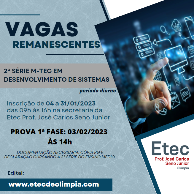 Vagas Remanescentes - 1º/2023 - Etec de Taboão da Serra