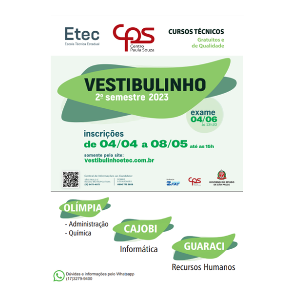 Etec abre inscrições para o vestibulinho 2023