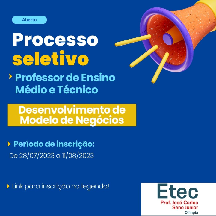 EDITAL VAGAS REMANESCENTES: INSCRIÇÕES DE 30/03 A 14/04/22 PARA INGRESSAR  NO 2º ANO (Período Integral) – Etec Prof. José Carlos Seno Júnior