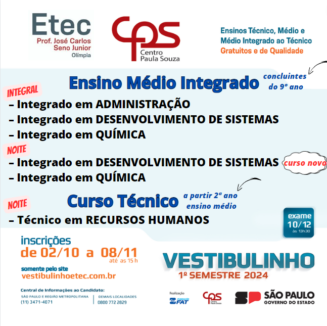 Inscrições Prorrogadas – Vestibulinho Etec 1º Semestre de 2023